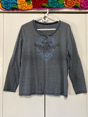 Y2K True Vintage Long-Sleeve Charcoal Blue Split Neck Top Blue Graphic Motif